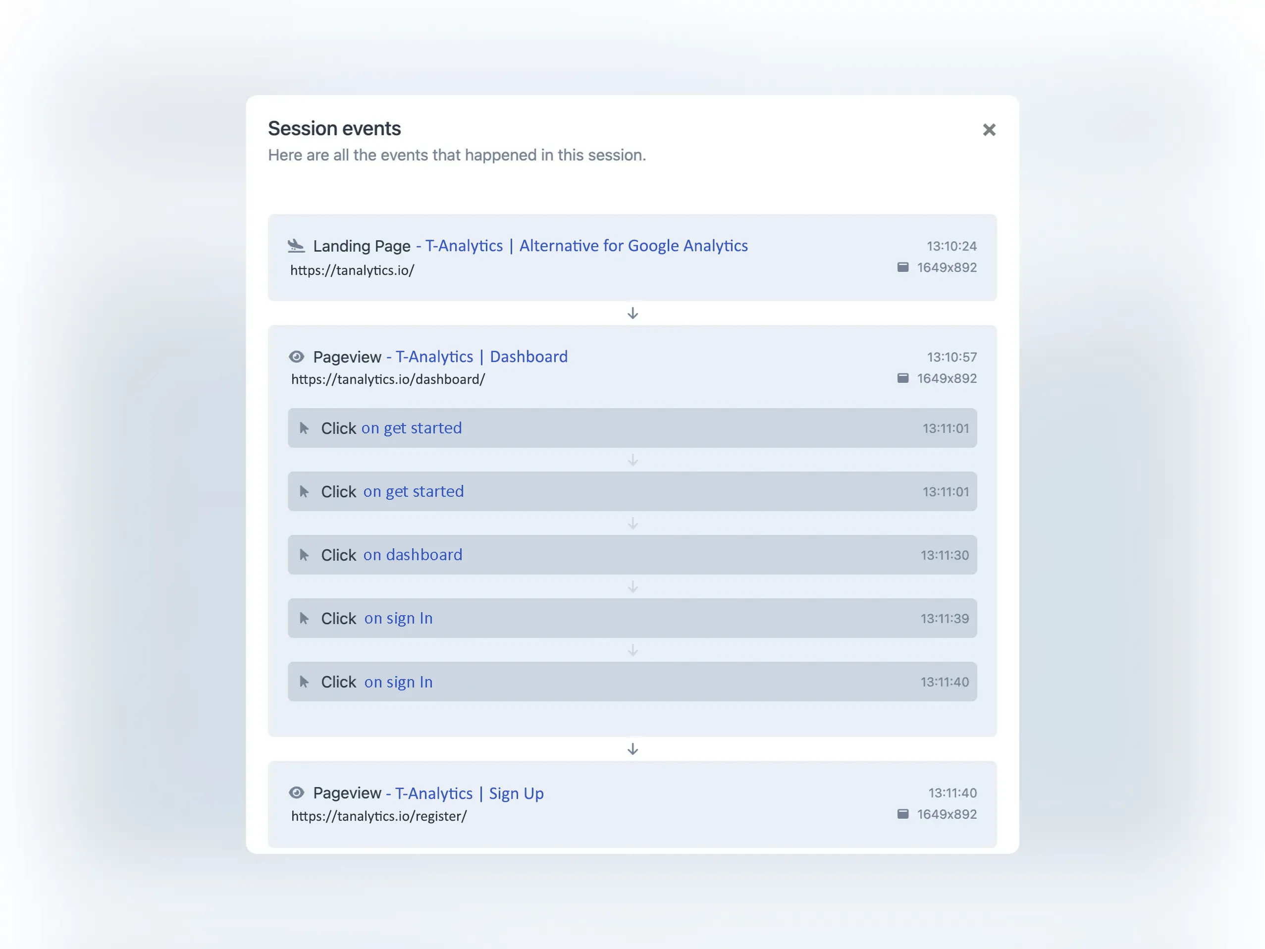 Screenshot of the app visitor events list page