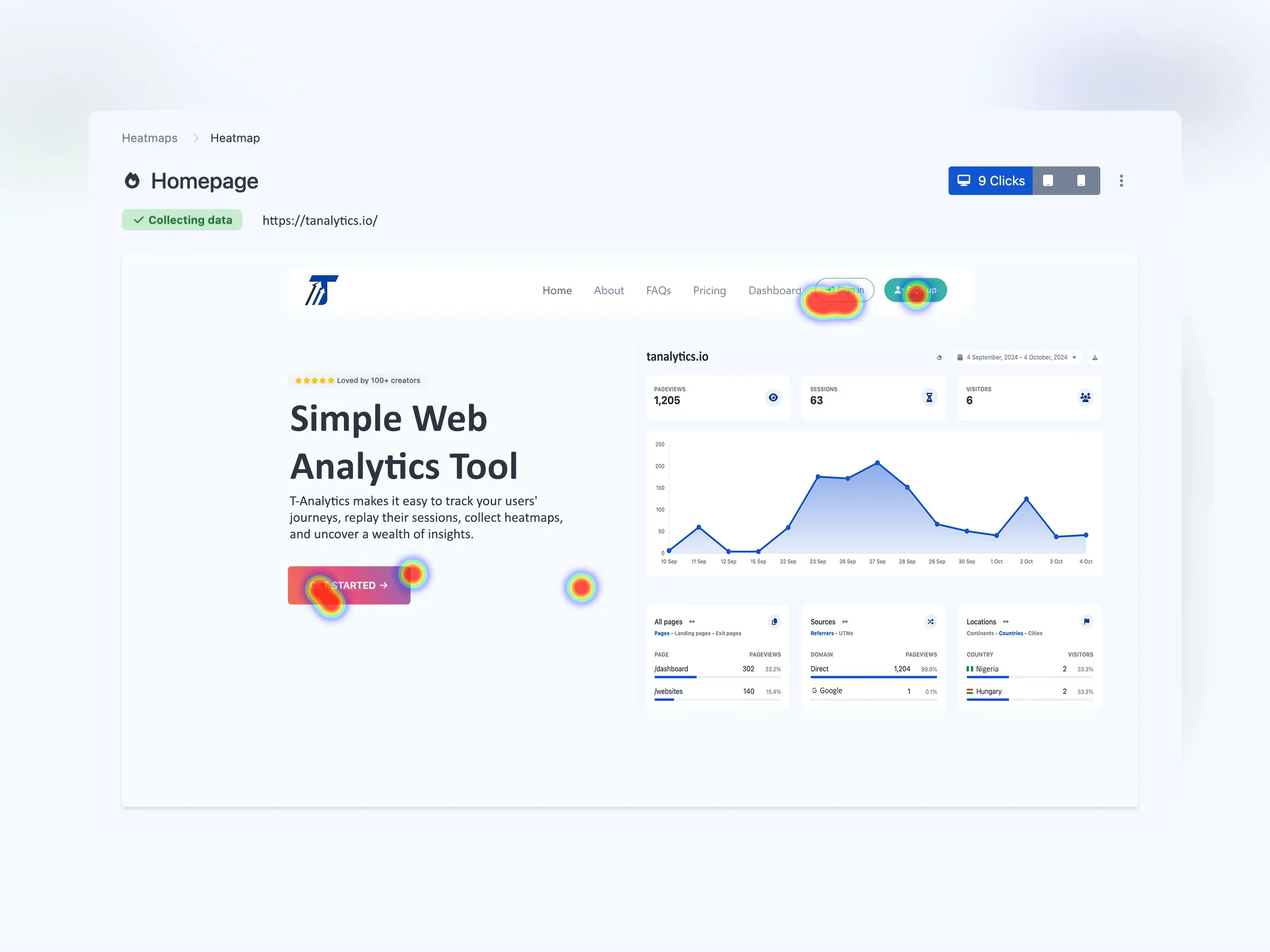 Screenshot of the app heatmaps page