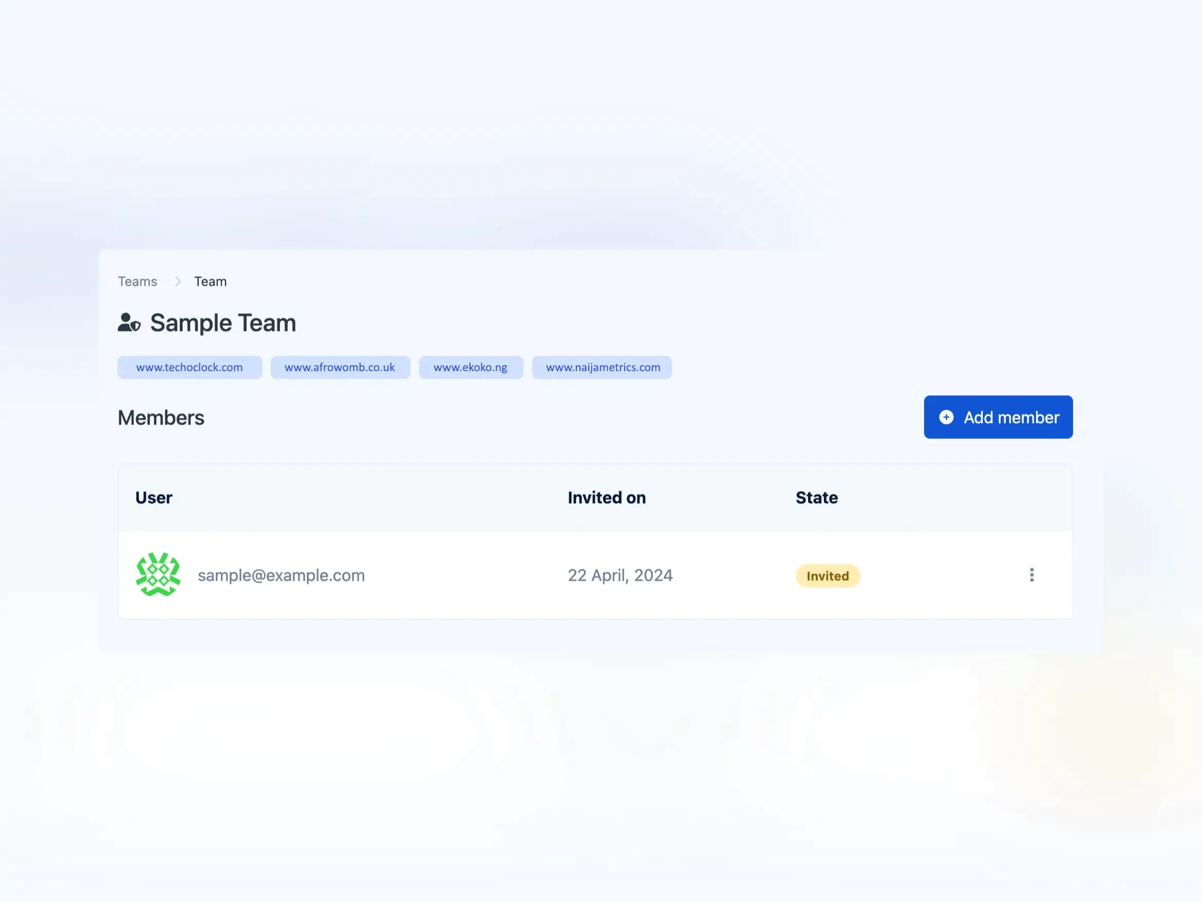 Screenshot of the app teams page